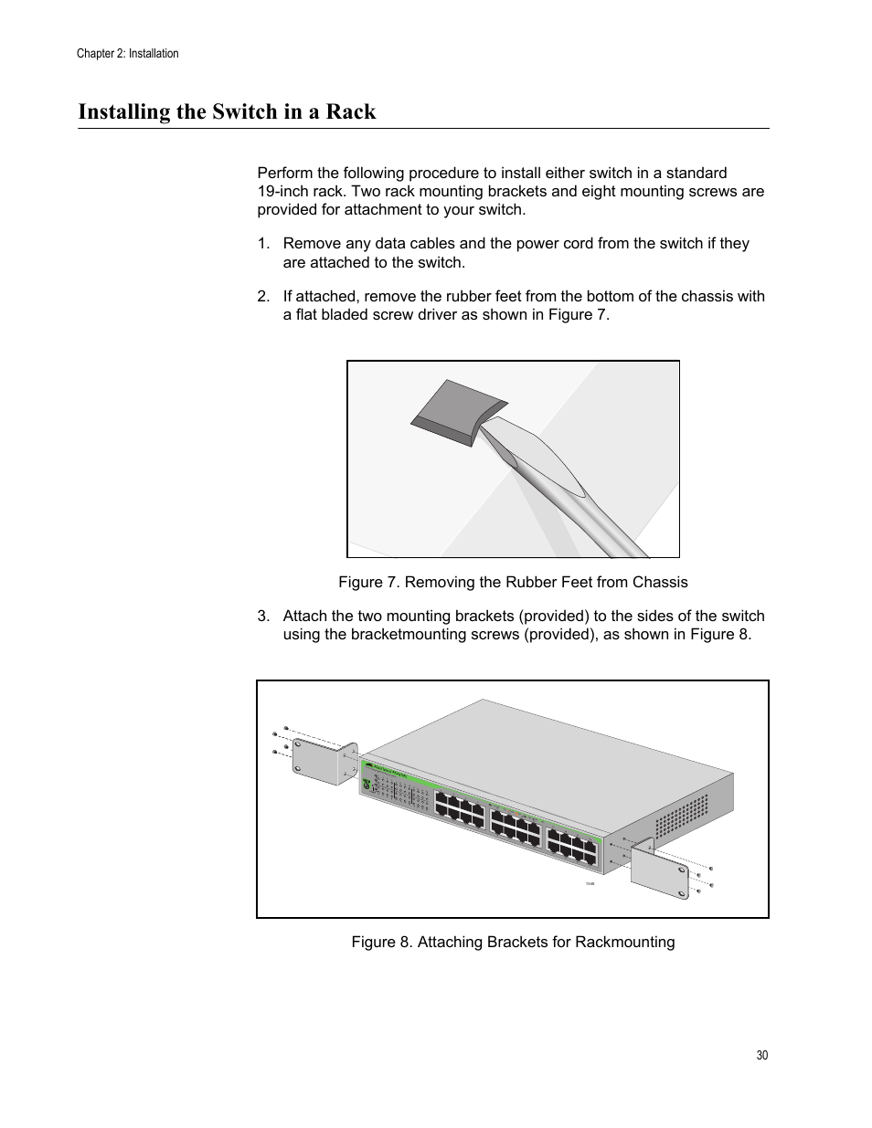 Installing the switch in a rack, Chapter 2: installation 30 | Allied Telesis AT-FS724L User Manual | Page 30 / 41