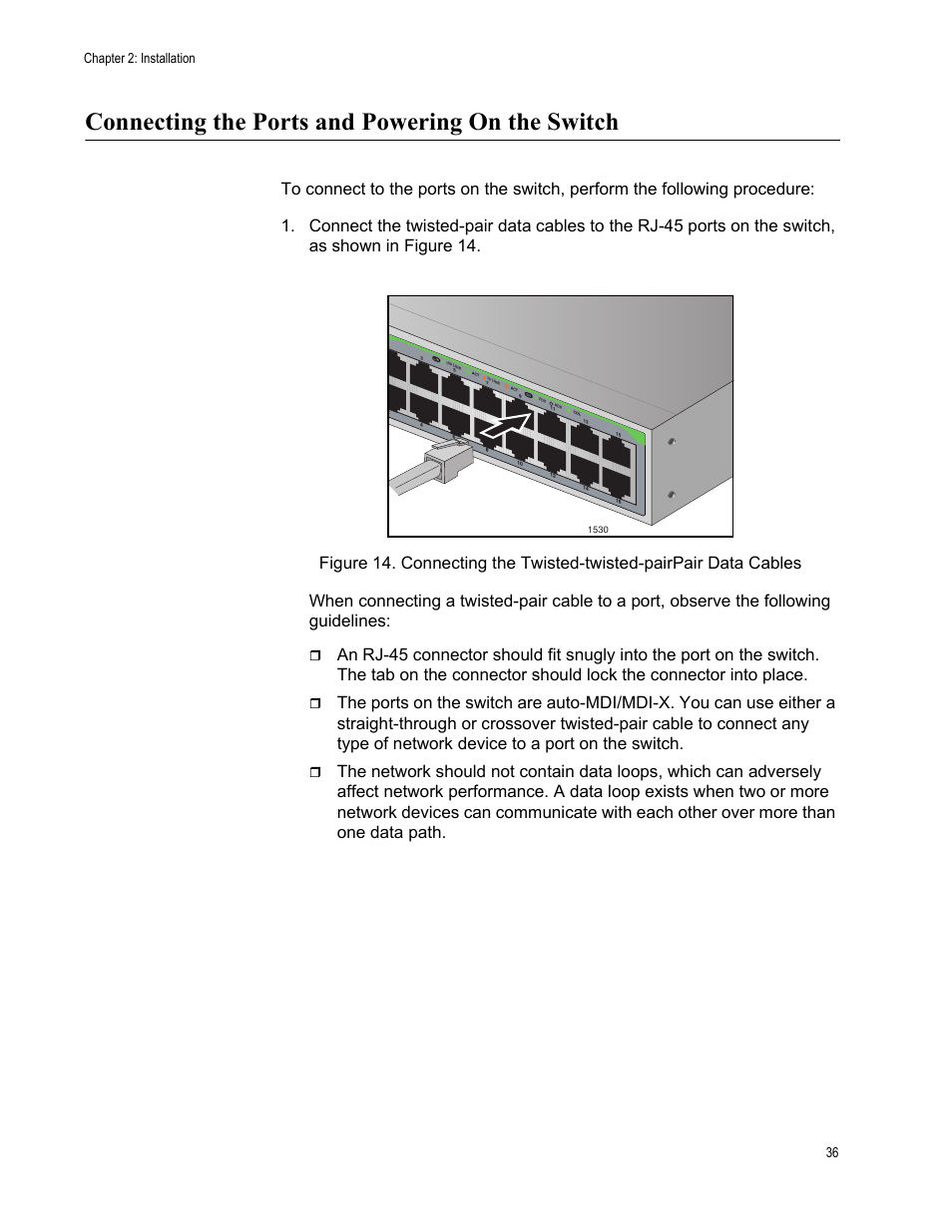 Connecting the ports and powering on the switch, Chapter 2: installation 36 | Allied Telesis AT-FS724L User Manual | Page 36 / 41