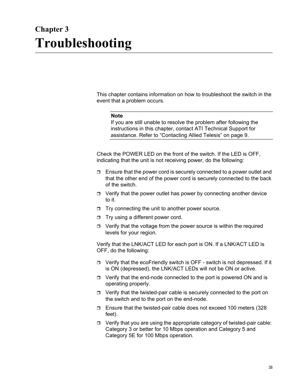 Chapter 3, Troubleshooting, R 3: troubleshooting | Allied Telesis AT-FS724L User Manual | Page 38 / 41