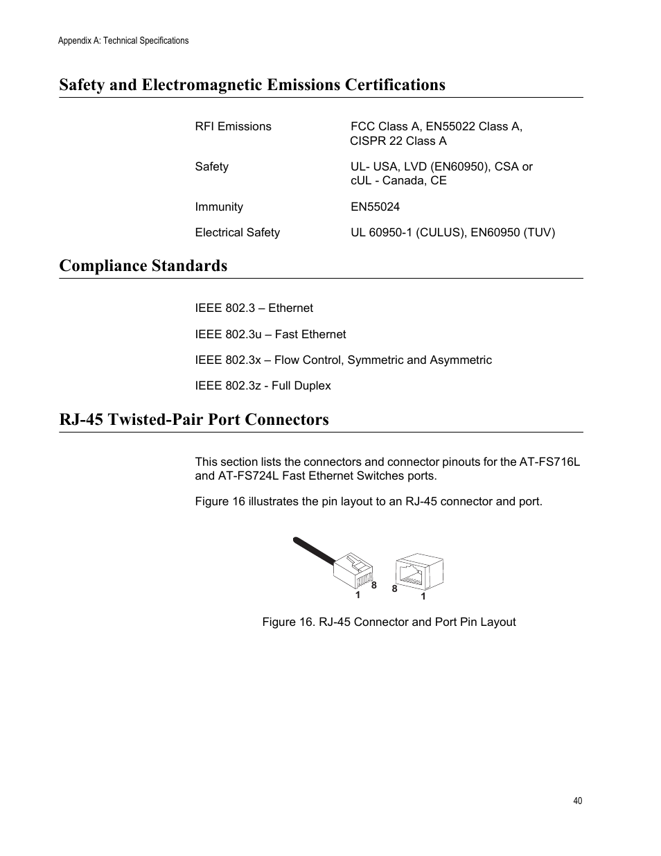 Compliance standards, Rj-45 twisted-pair port connectors | Allied Telesis AT-FS724L User Manual | Page 40 / 41