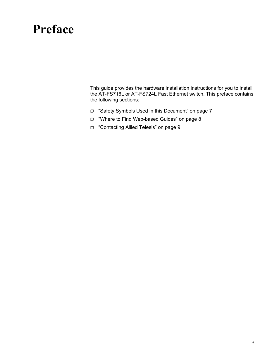 Preface | Allied Telesis AT-FS724L User Manual | Page 6 / 41