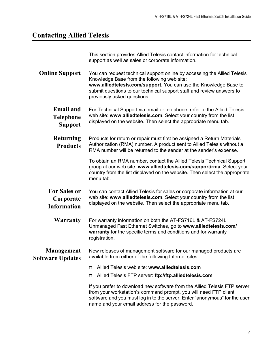 Contacting allied telesis, Online support, Email and telephone support | Returning products, For sales or corporate information, Warranty, Management software updates | Allied Telesis AT-FS724L User Manual | Page 9 / 41