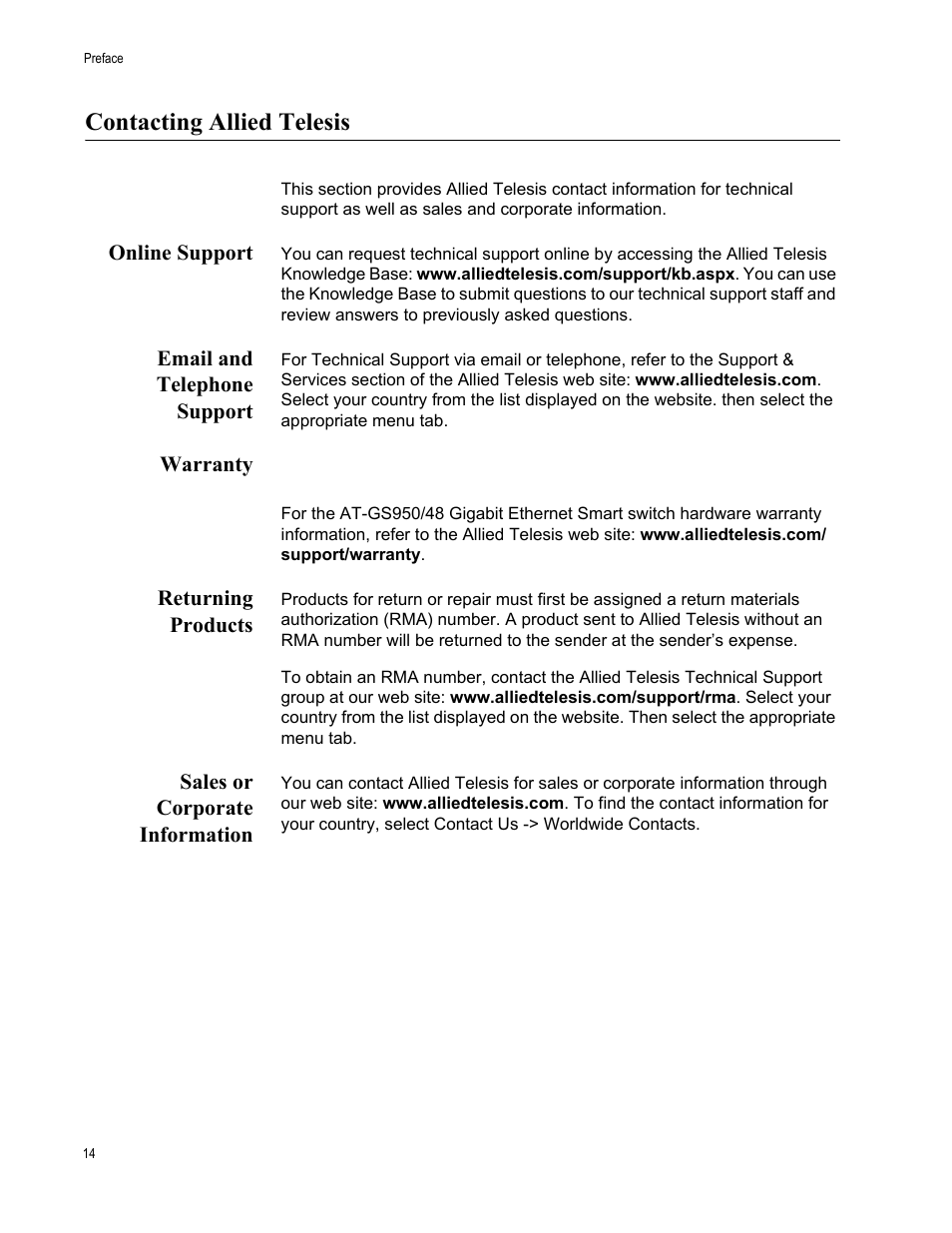 Contacting allied telesis, Online support, Email and telephone support | Warranty, Returning products, Sales or corporate information, Returning products sales or corporate information | Allied Telesis AT-GS950/48 User Manual | Page 14 / 60