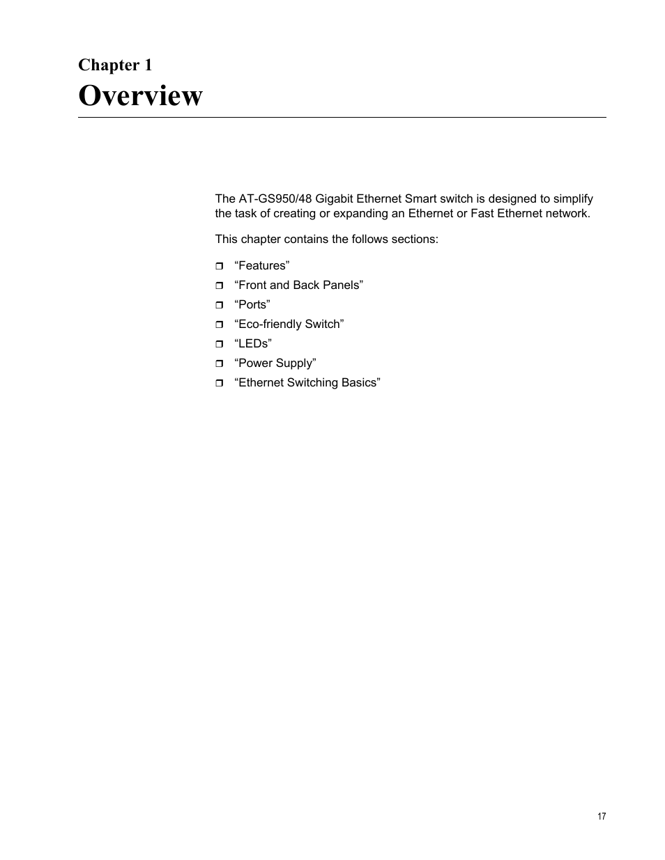 Chapter 1, Overview | Allied Telesis AT-GS950/48 User Manual | Page 17 / 60