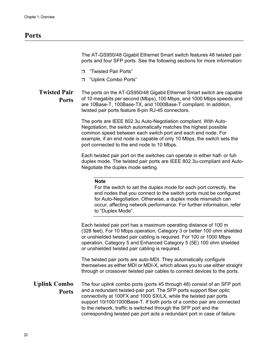Ports, Twisted pair ports, Uplink combo ports | Twisted pair ports uplink combo ports | Allied Telesis AT-GS950/48 User Manual | Page 20 / 60