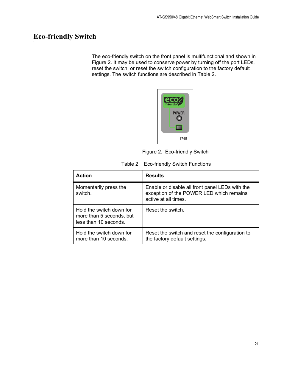 Eco-friendly switch, Figure 2. eco-friendly switch, Table 2. eco-friendly switch functions | Allied Telesis AT-GS950/48 User Manual | Page 21 / 60