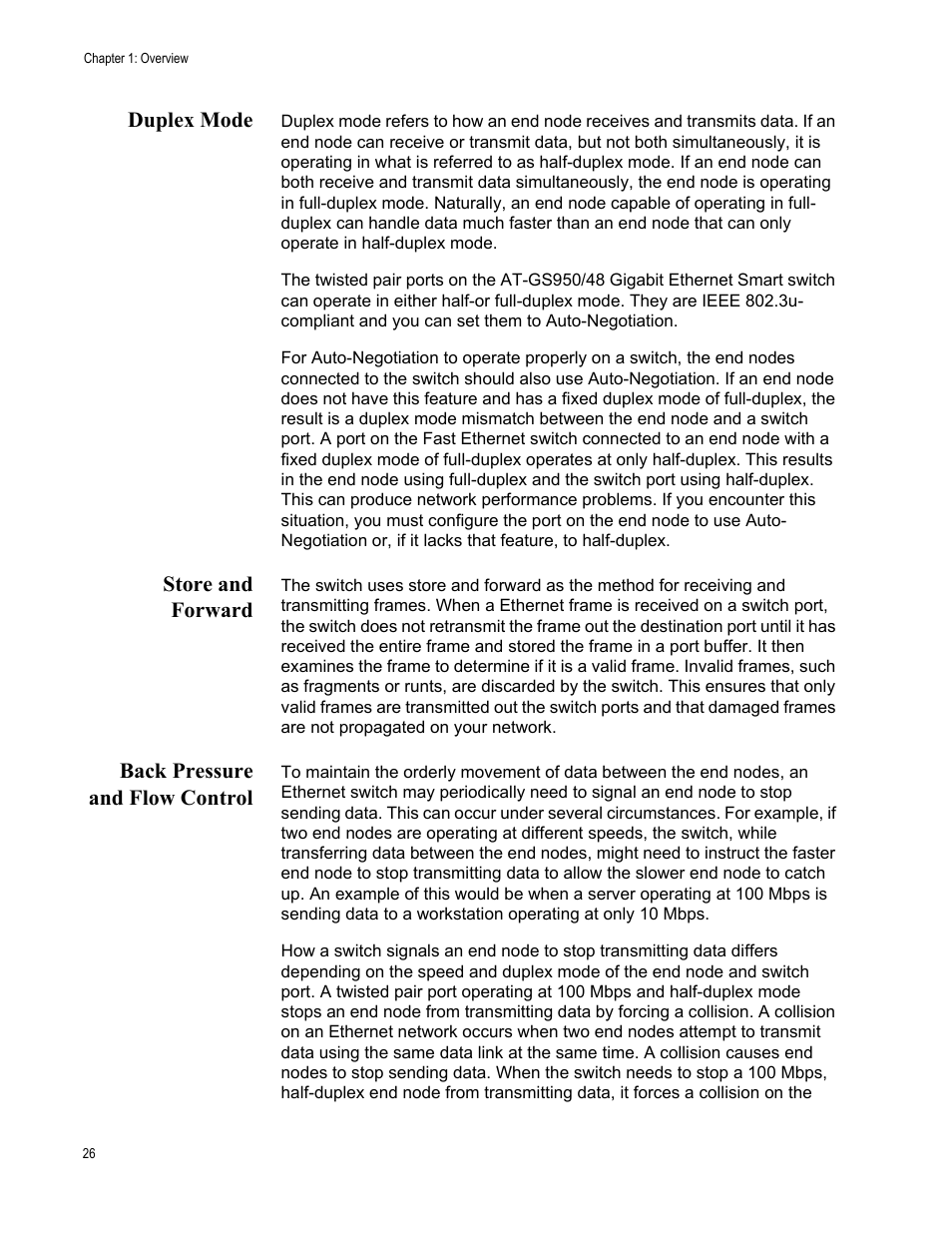 Duplex mode, Store and forward, Back pressure and flow control | Allied Telesis AT-GS950/48 User Manual | Page 26 / 60