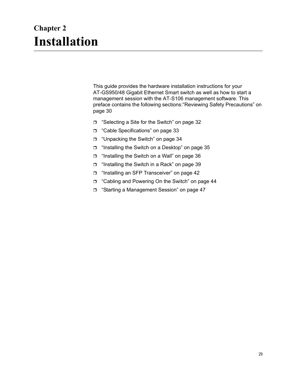 Chapter 2, Installation, R 2: installation | Allied Telesis AT-GS950/48 User Manual | Page 29 / 60