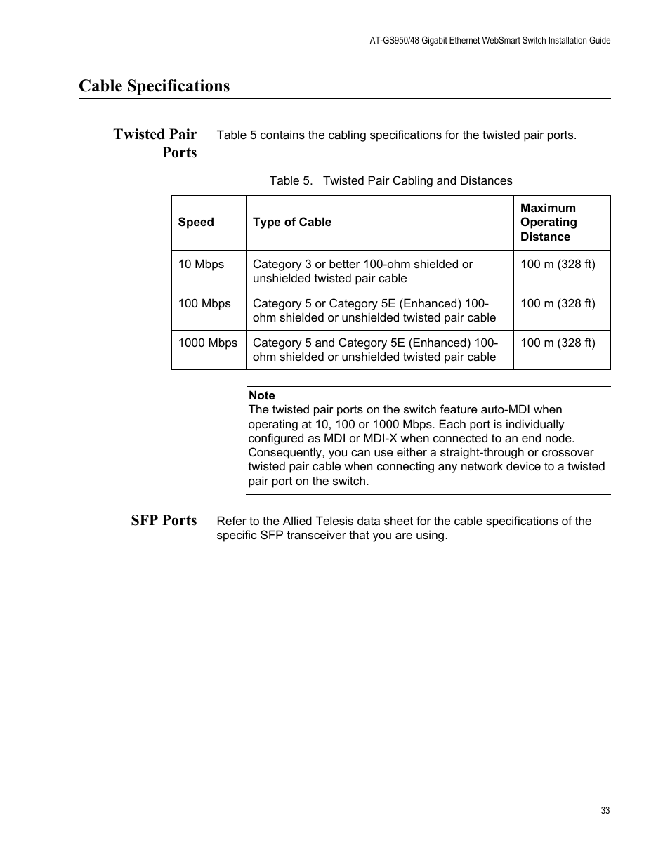 Cable specifications, Twisted pair ports, Sfp ports | Twisted pair ports sfp ports, Table 5. twisted pair cabling and distances | Allied Telesis AT-GS950/48 User Manual | Page 33 / 60