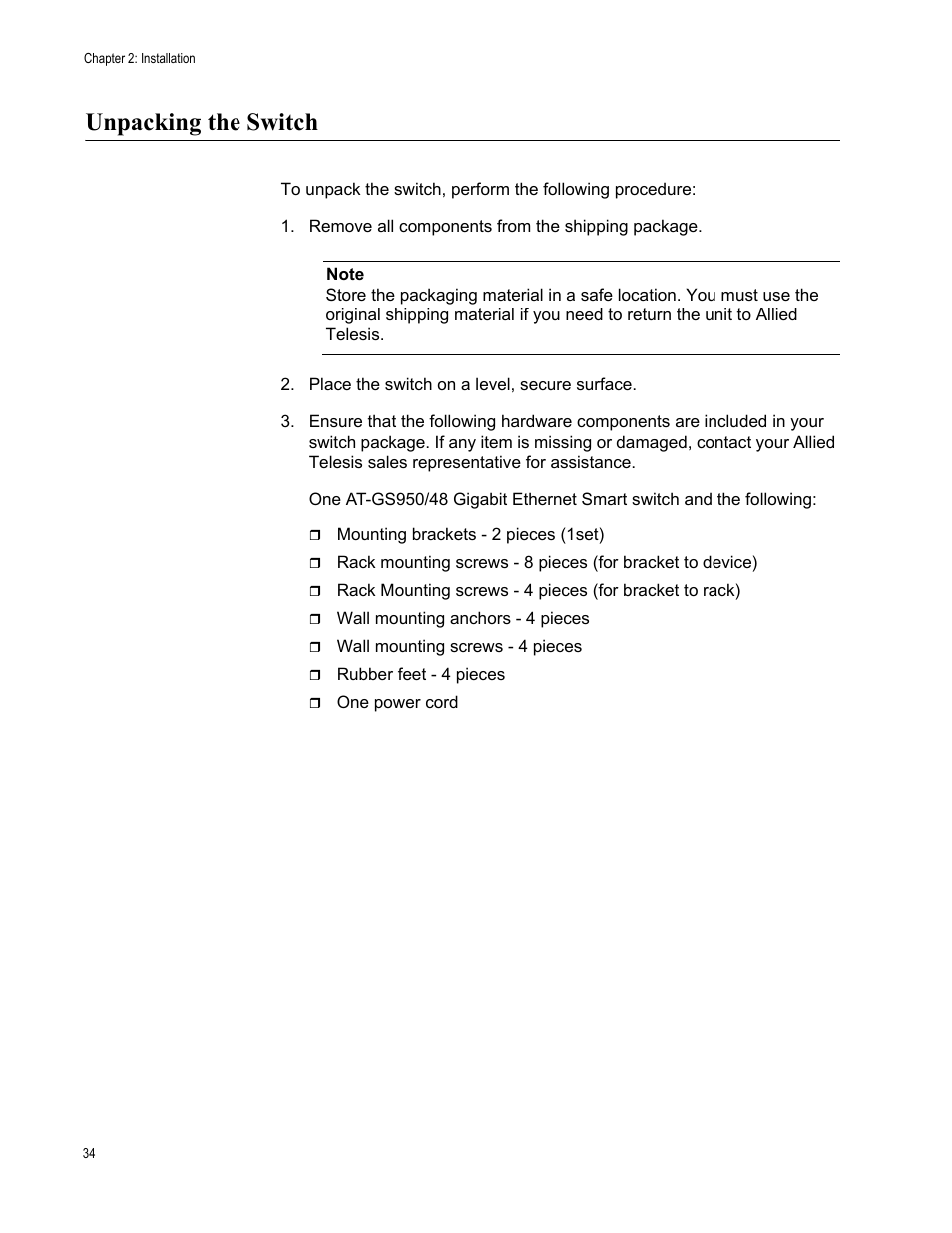 Unpacking the switch | Allied Telesis AT-GS950/48 User Manual | Page 34 / 60