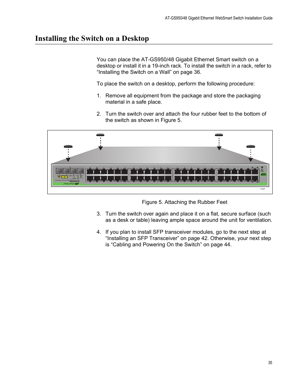 Installing the switch on a desktop, Figure 5. attaching the rubber feet | Allied Telesis AT-GS950/48 User Manual | Page 35 / 60