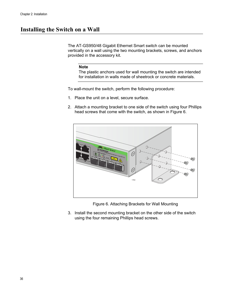 Installing the switch on a wall, Figure 6. attaching brackets for wall mounting | Allied Telesis AT-GS950/48 User Manual | Page 36 / 60