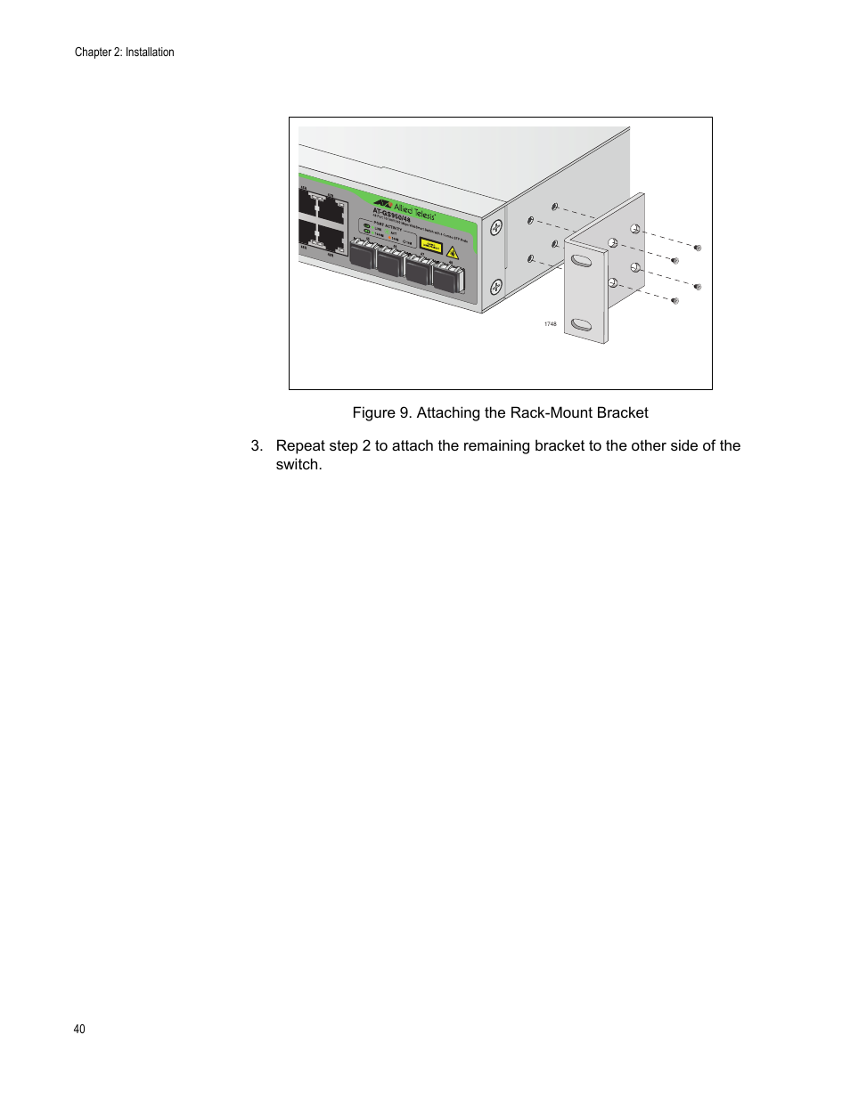 Figure 9. attaching the rack-mount bracket | Allied Telesis AT-GS950/48 User Manual | Page 40 / 60