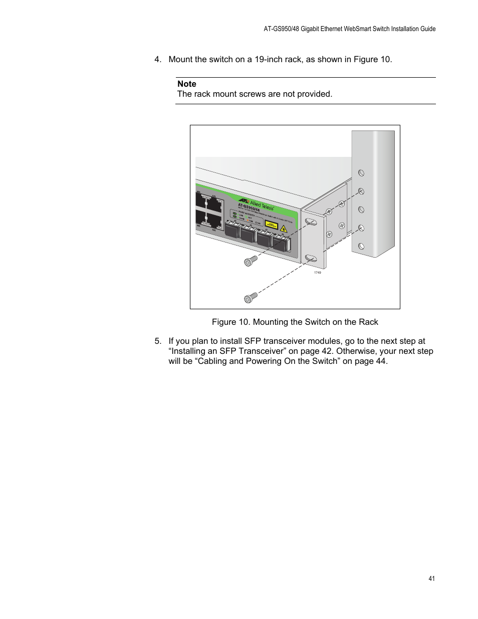 Figure 10. mounting the switch on the rack | Allied Telesis AT-GS950/48 User Manual | Page 41 / 60