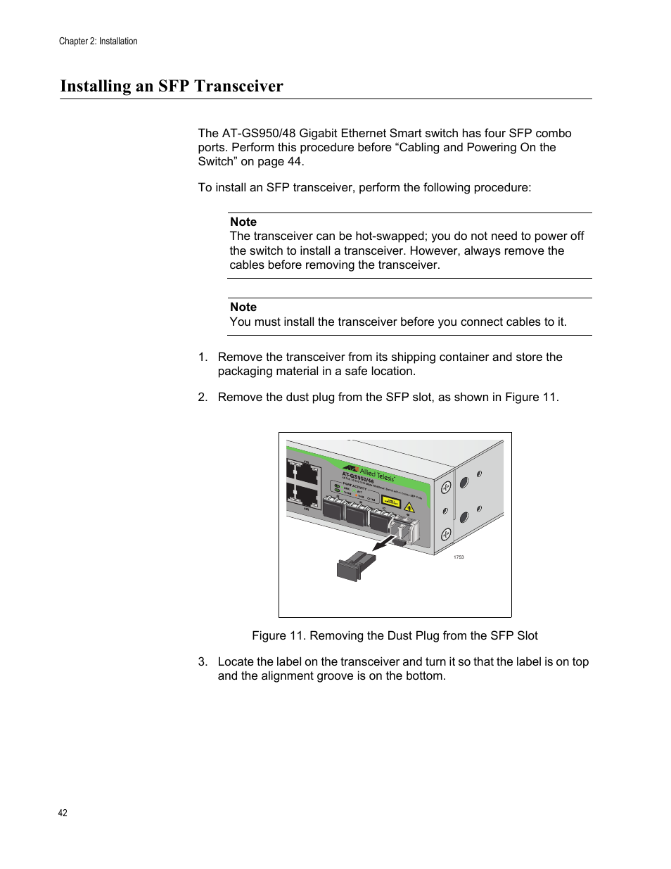 Installing an sfp transceiver, Go to “installing an sfp | Allied Telesis AT-GS950/48 User Manual | Page 42 / 60