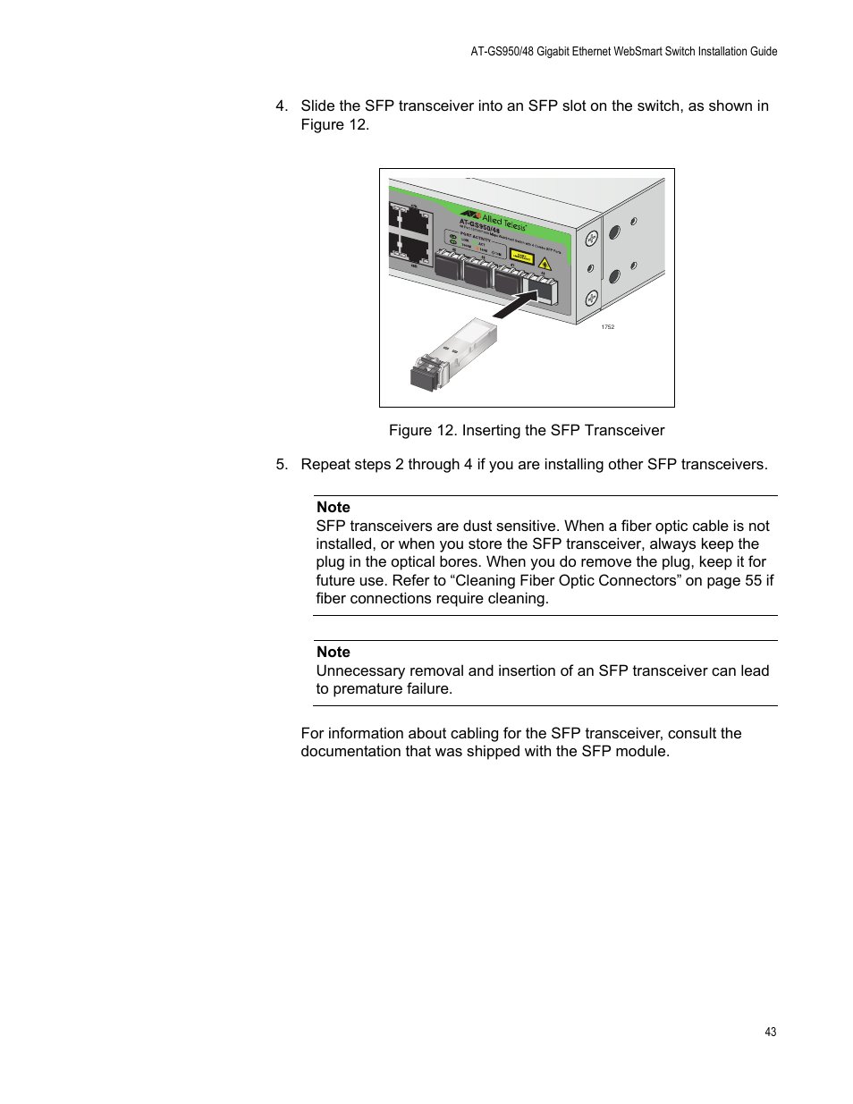 Figure 12. inserting the sfp transceiver | Allied Telesis AT-GS950/48 User Manual | Page 43 / 60