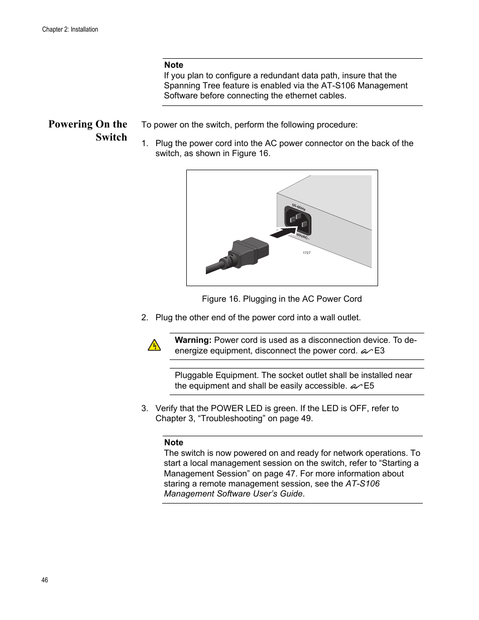 Powering on the switch, Figure 16. plugging in the ac power cord | Allied Telesis AT-GS950/48 User Manual | Page 46 / 60