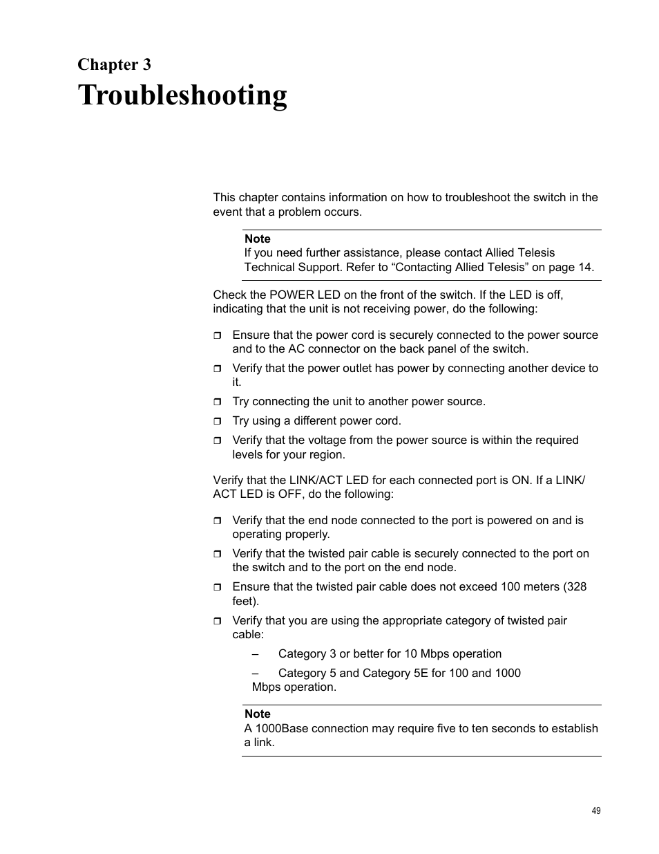Chapter 3, Troubleshooting, R 3: troubleshooting | Allied Telesis AT-GS950/48 User Manual | Page 49 / 60