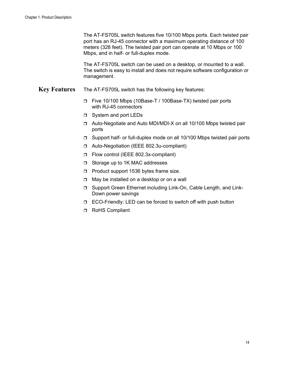 Key features | Allied Telesis AT-FS705L User Manual | Page 14 / 35