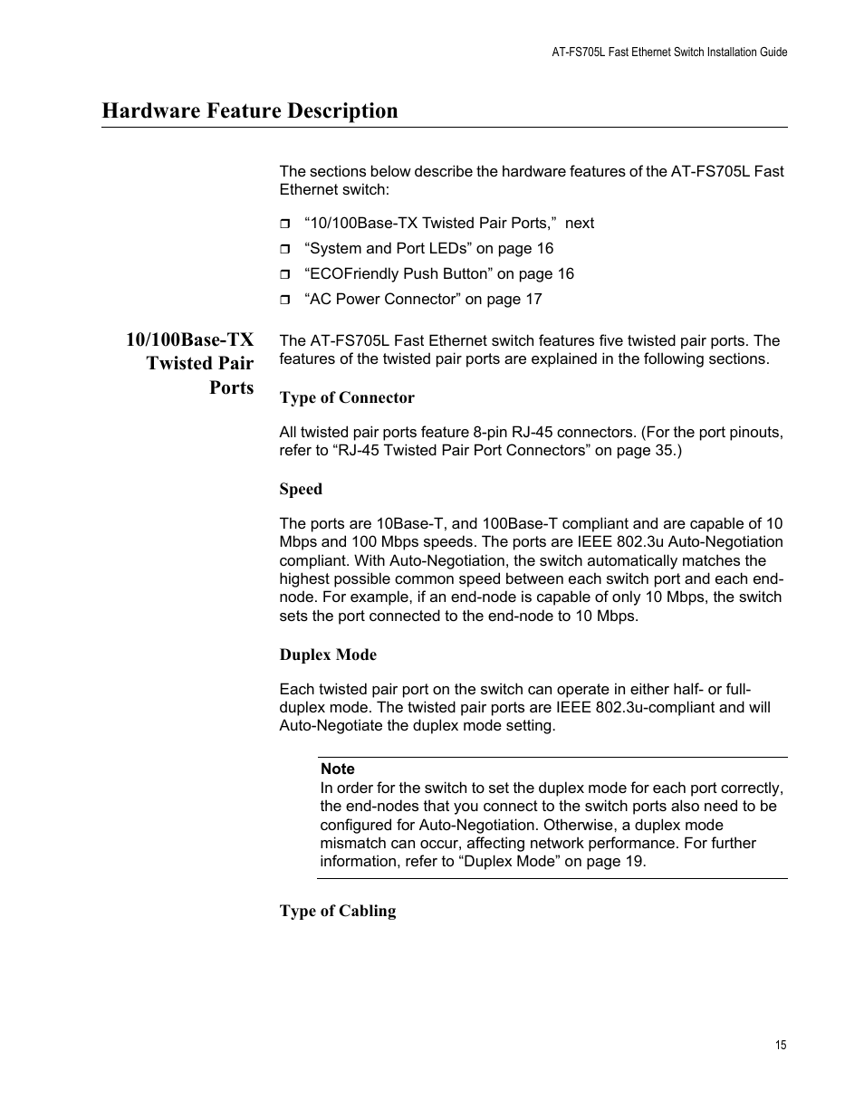 Hardware feature description, 10/100base-tx twisted pair ports | Allied Telesis AT-FS705L User Manual | Page 15 / 35