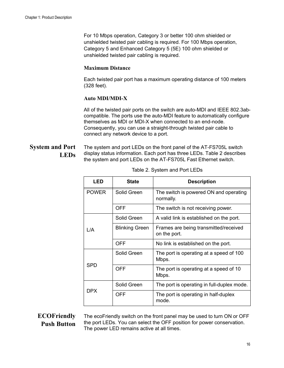 System and port leds, Ecofriendly push button, System and port leds ecofriendly push button | Allied Telesis AT-FS705L User Manual | Page 16 / 35