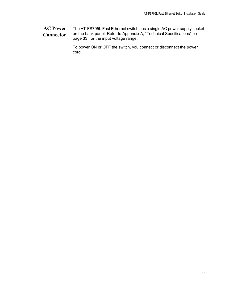 Ac power connector | Allied Telesis AT-FS705L User Manual | Page 17 / 35