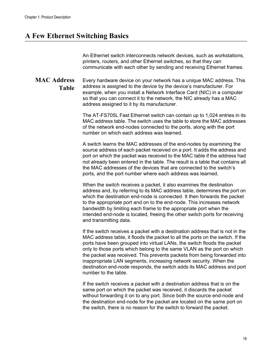 A few ethernet switching basics, Mac address table | Allied Telesis AT-FS705L User Manual | Page 18 / 35