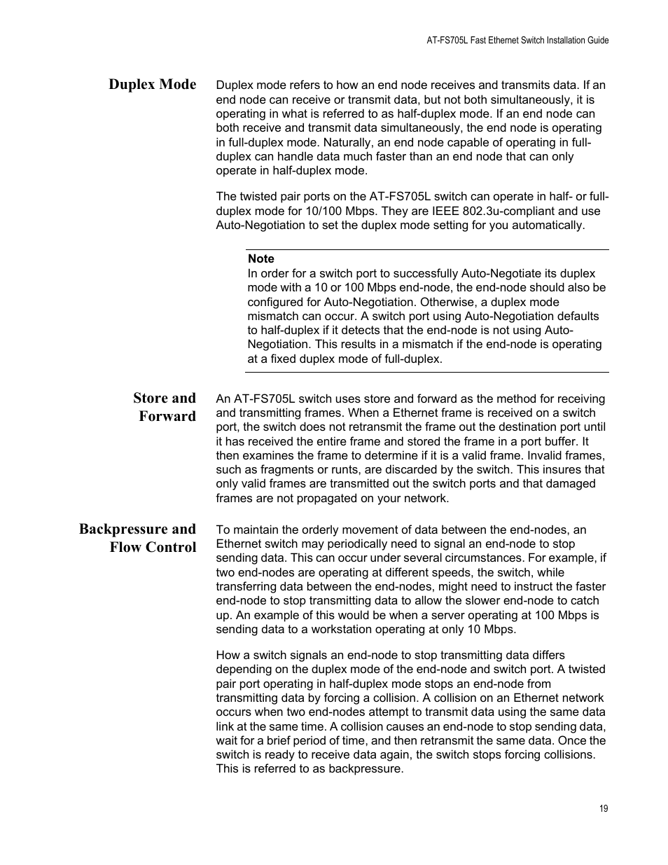 Duplex mode, Store and forward, Backpressure and flow control | Allied Telesis AT-FS705L User Manual | Page 19 / 35