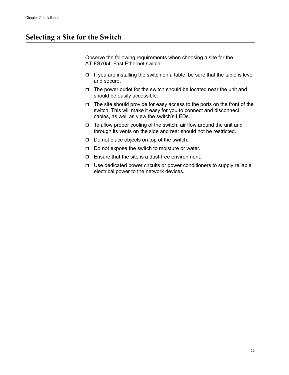 Selecting a site for the switch | Allied Telesis AT-FS705L User Manual | Page 24 / 35