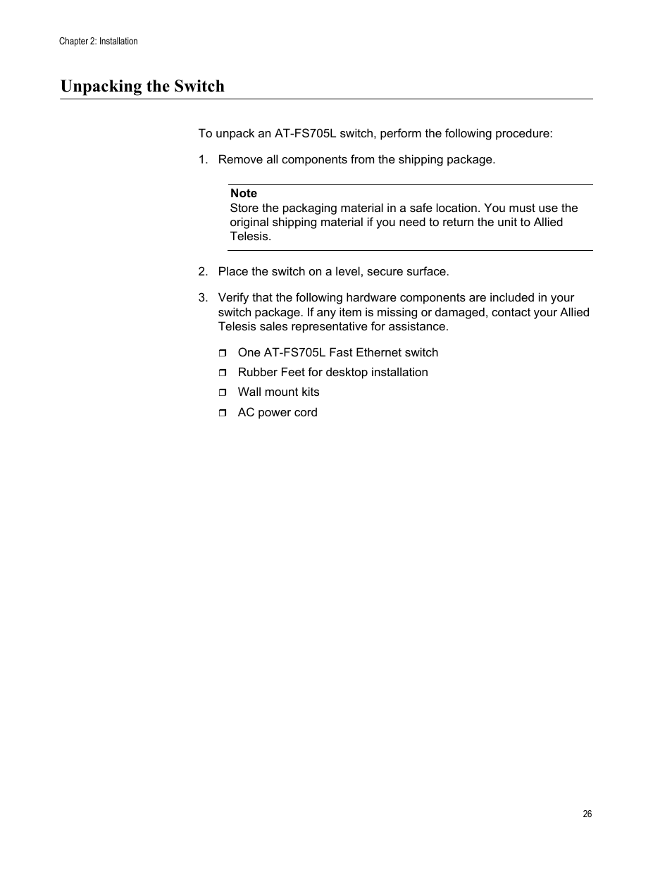 Unpacking the switch | Allied Telesis AT-FS705L User Manual | Page 26 / 35