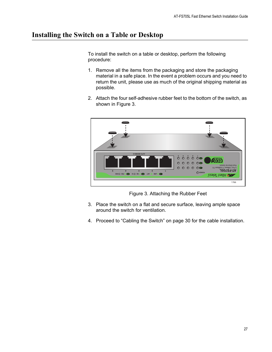 Installing the switch on a table or desktop, Figure 3. attaching the rubber feet | Allied Telesis AT-FS705L User Manual | Page 27 / 35
