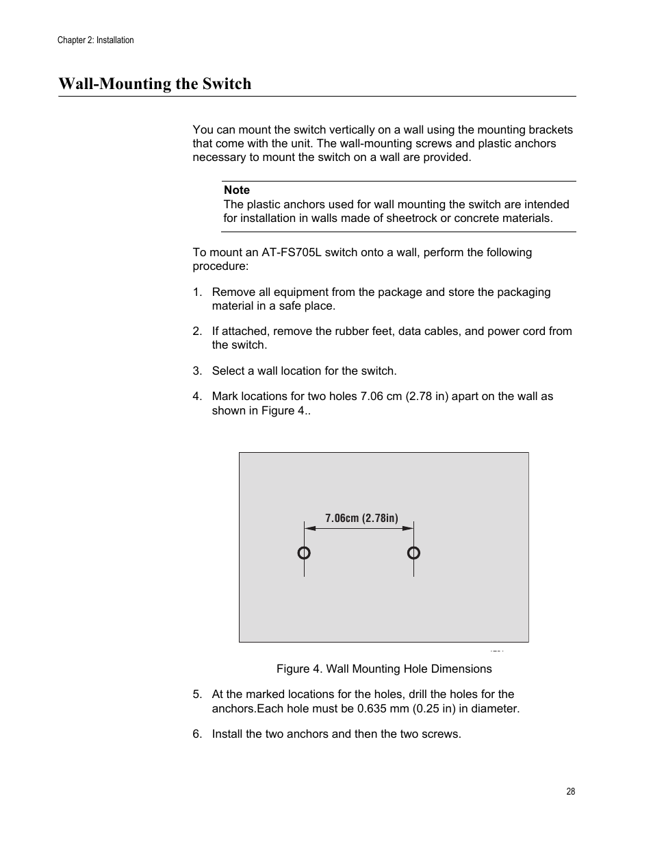 Wall-mounting the switch, Figure 4. wall mounting hole dimensions | Allied Telesis AT-FS705L User Manual | Page 28 / 35