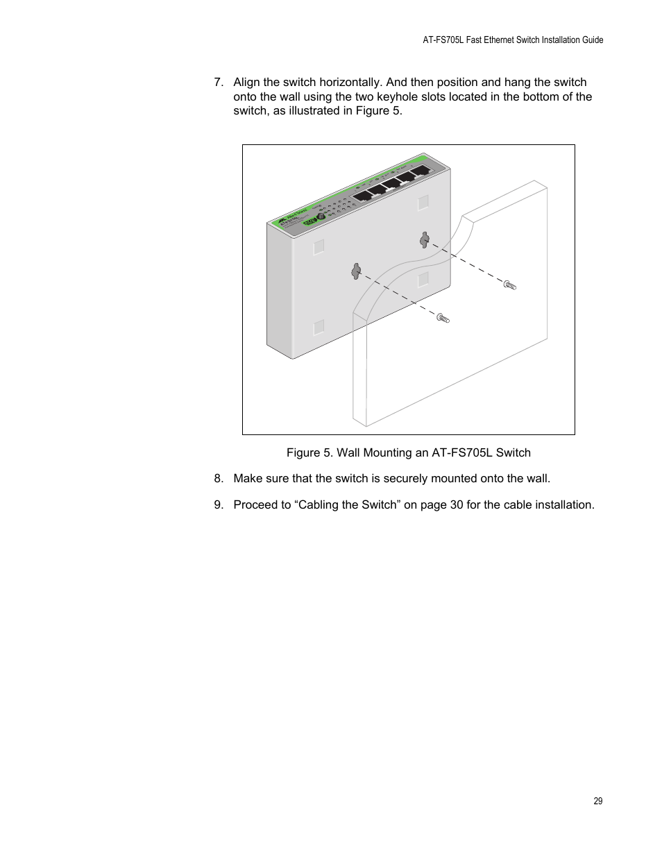 Figure 5. wall mounting an at-fs705l switch | Allied Telesis AT-FS705L User Manual | Page 29 / 35
