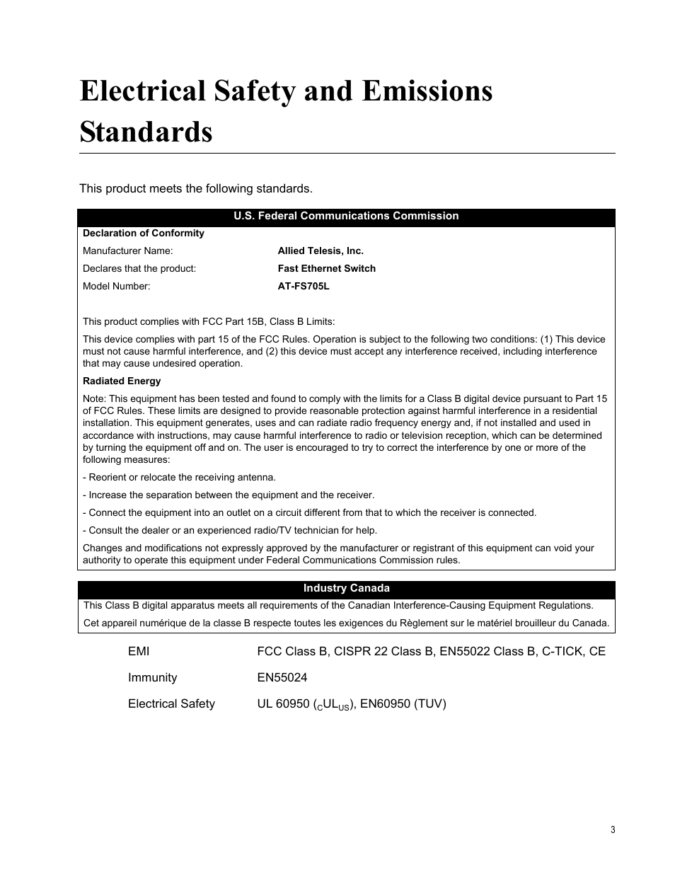Electrical safety and emissions standards | Allied Telesis AT-FS705L User Manual | Page 3 / 35