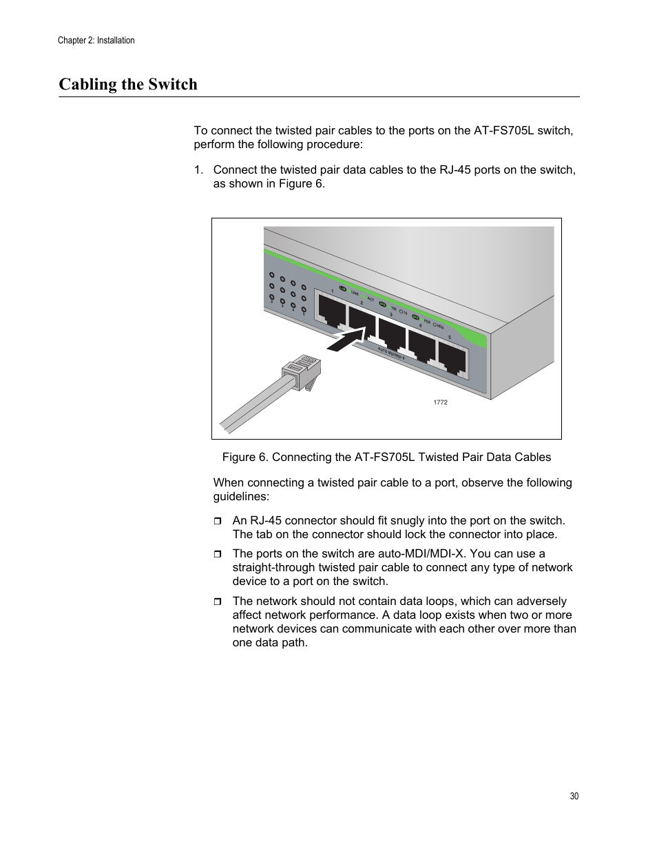 Cabling the switch, Chapter 2: installation 30 | Allied Telesis AT-FS705L User Manual | Page 30 / 35
