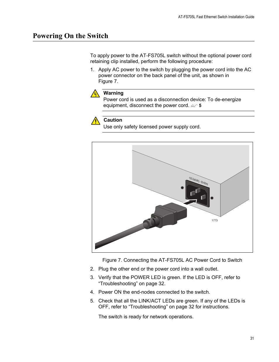Powering on the switch | Allied Telesis AT-FS705L User Manual | Page 31 / 35