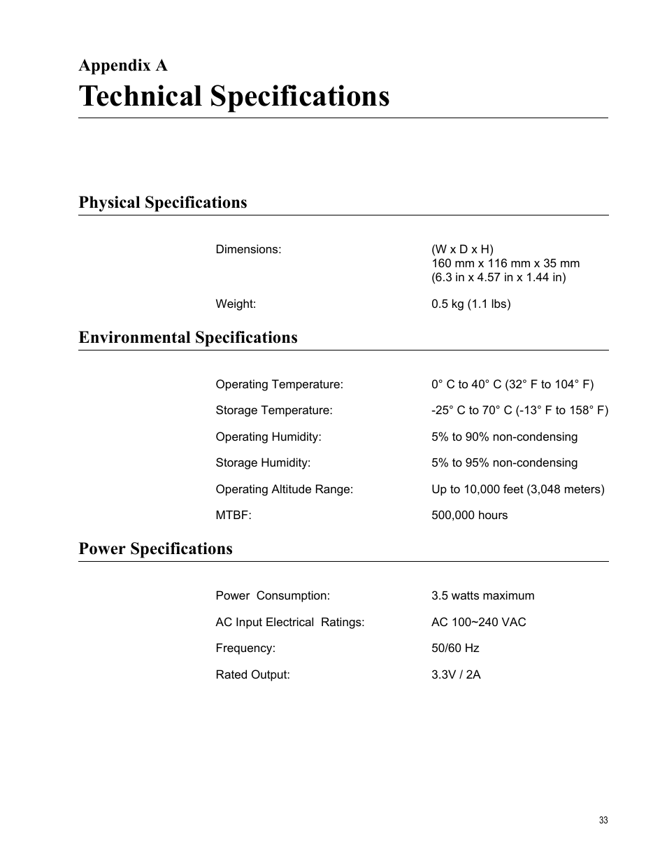 Appendix a, Technical specifications, Physical specifications | Environmental specifications, Power specifications, Appendix a: technical specifications | Allied Telesis AT-FS705L User Manual | Page 33 / 35