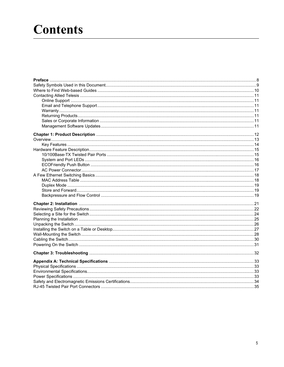 Allied Telesis AT-FS705L User Manual | Page 5 / 35
