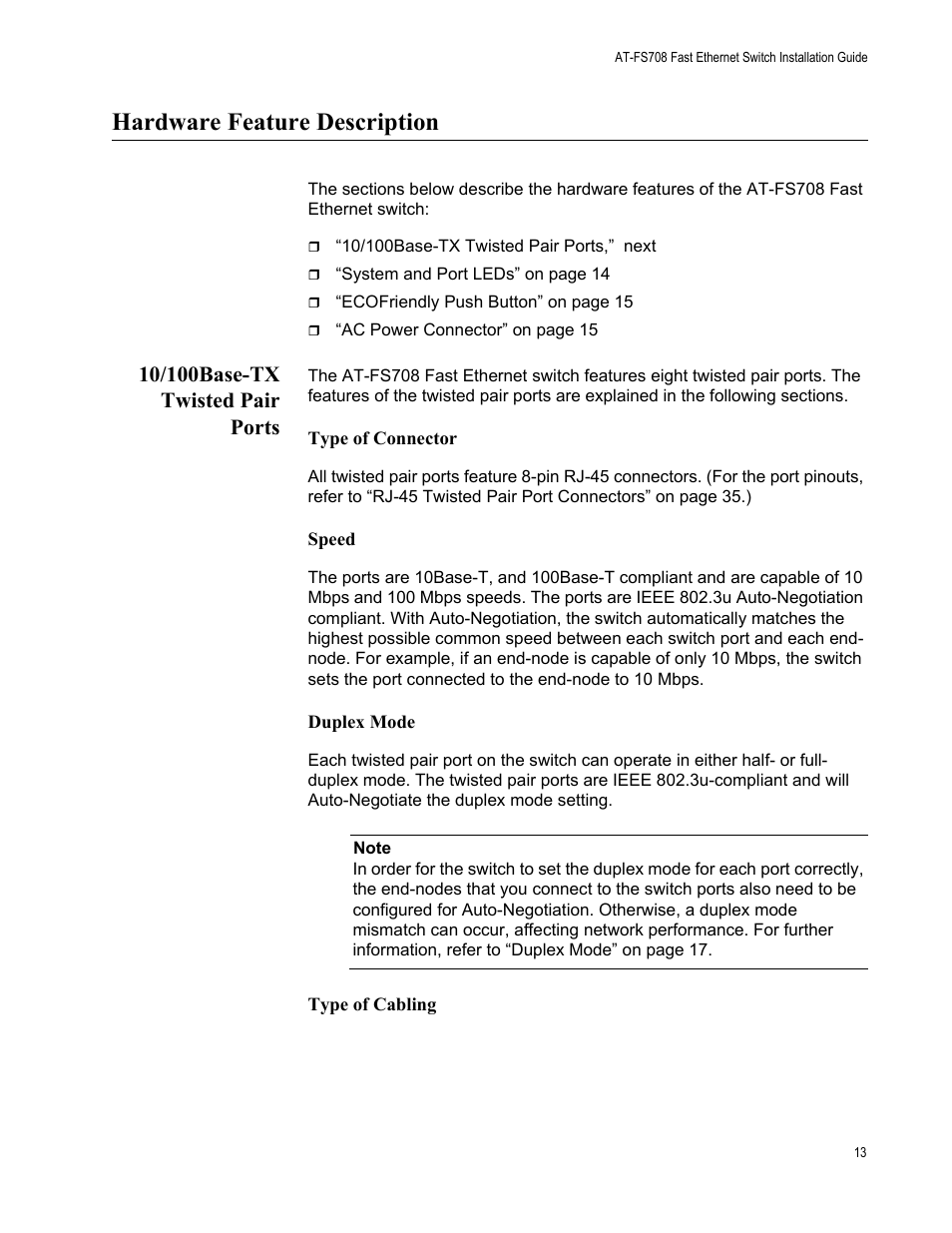 Hardware feature description, 10/100base-tx twisted pair ports | Allied Telesis AT-FS708 User Manual | Page 13 / 35