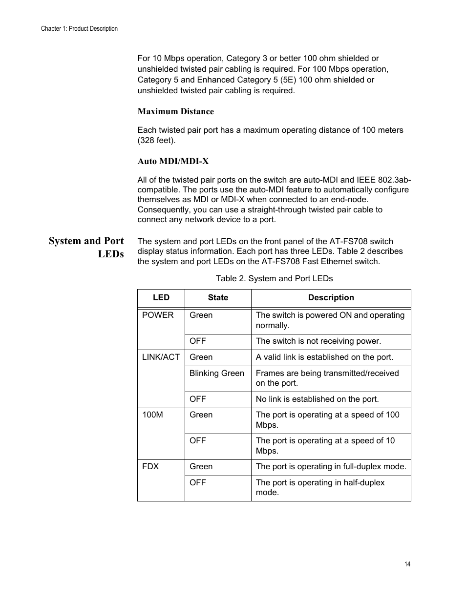 System and port leds | Allied Telesis AT-FS708 User Manual | Page 14 / 35