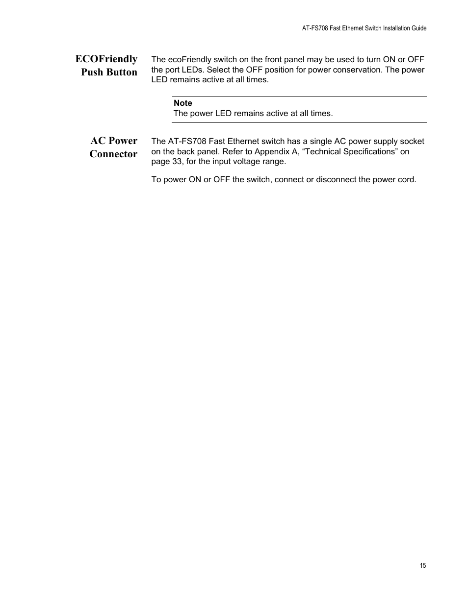 Ecofriendly push button, Ac power connector, Ecofriendly push button ac power connector | Allied Telesis AT-FS708 User Manual | Page 15 / 35