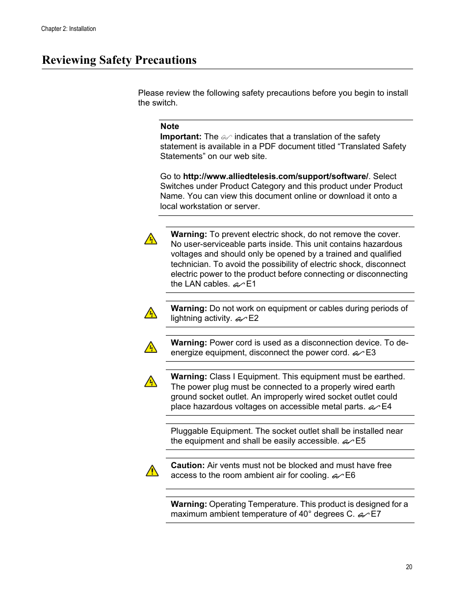 Reviewing safety precautions | Allied Telesis AT-FS708 User Manual | Page 20 / 35