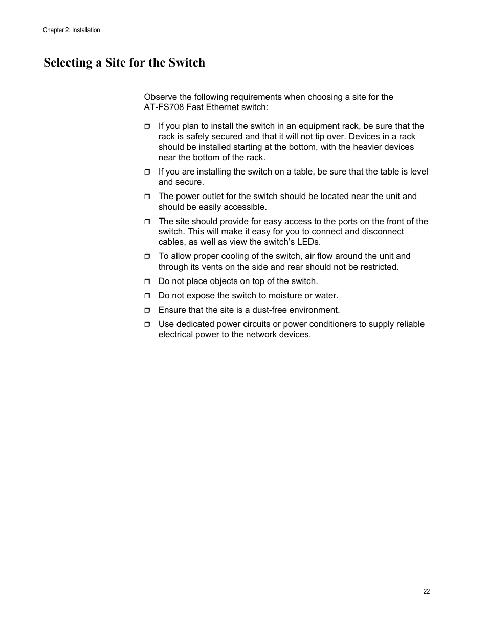 Selecting a site for the switch | Allied Telesis AT-FS708 User Manual | Page 22 / 35