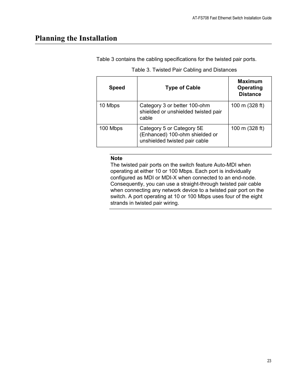 Planning the installation | Allied Telesis AT-FS708 User Manual | Page 23 / 35