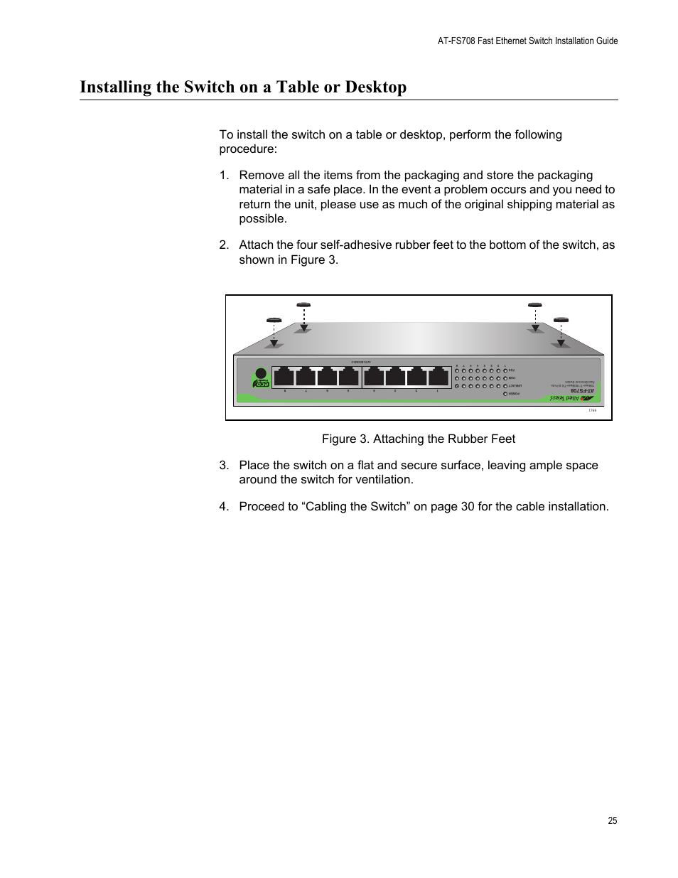 Installing the switch on a table or desktop | Allied Telesis AT-FS708 User Manual | Page 25 / 35