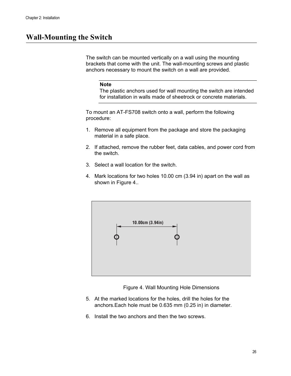 Wall-mounting the switch | Allied Telesis AT-FS708 User Manual | Page 26 / 35