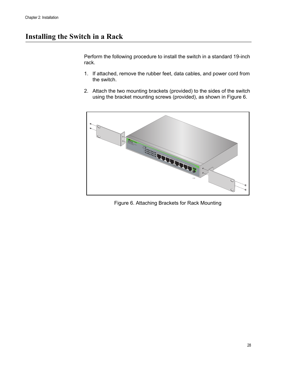 Installing the switch in a rack, Chapter 2: installation 28 | Allied Telesis AT-FS708 User Manual | Page 28 / 35