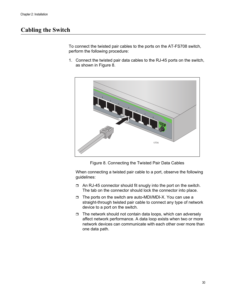 Cabling the switch | Allied Telesis AT-FS708 User Manual | Page 30 / 35