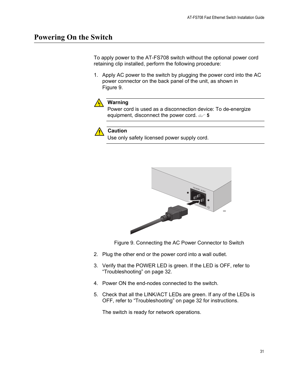 Powering on the switch | Allied Telesis AT-FS708 User Manual | Page 31 / 35
