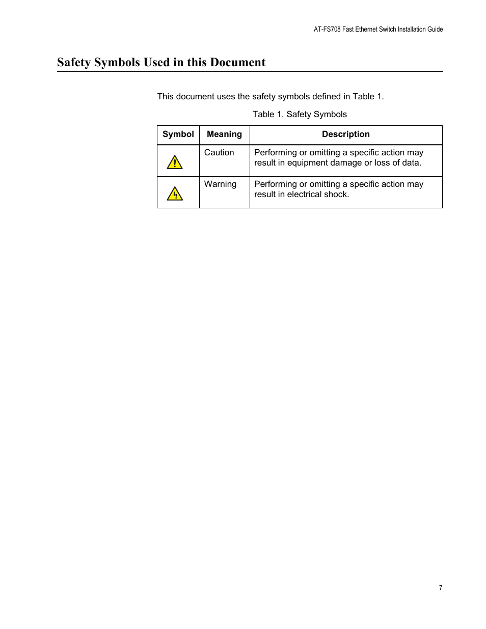 Safety symbols used in this document | Allied Telesis AT-FS708 User Manual | Page 7 / 35